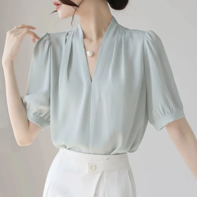 2025 Fashion Summer Short Sleeve V-Neck Women Blouse White Blouse Shirt Women Tops Blouses Shirts Blusas De Mujer Camisas P856