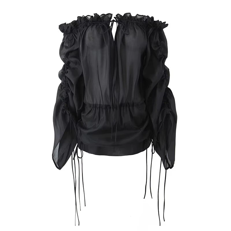 YENKYE Fashion Women Sexy Semi-Sheer Off Shoulder Blouse Vintage Drawstring Ruched Sleeve Backless Summer Tops Loose Streetwear
