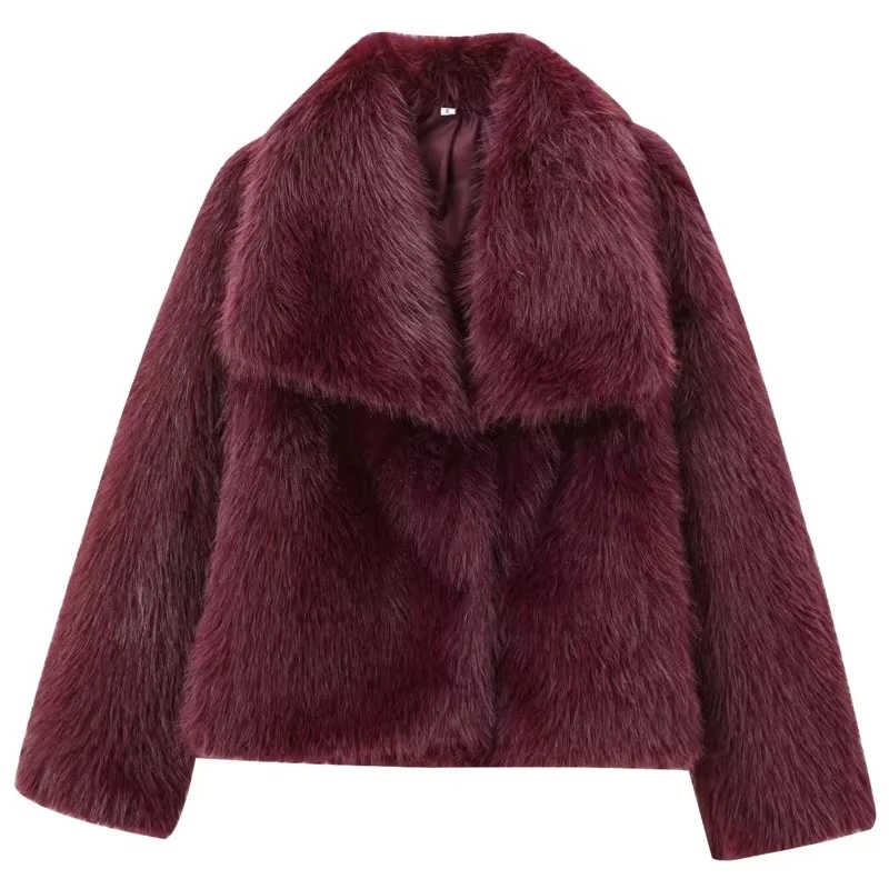 New Women's Fur Coat Women 2024 Plush Burgundy Bomber Jacket Solid Crop Long Sleeve Jacket Warm Winter Coats Woman Casual Coats