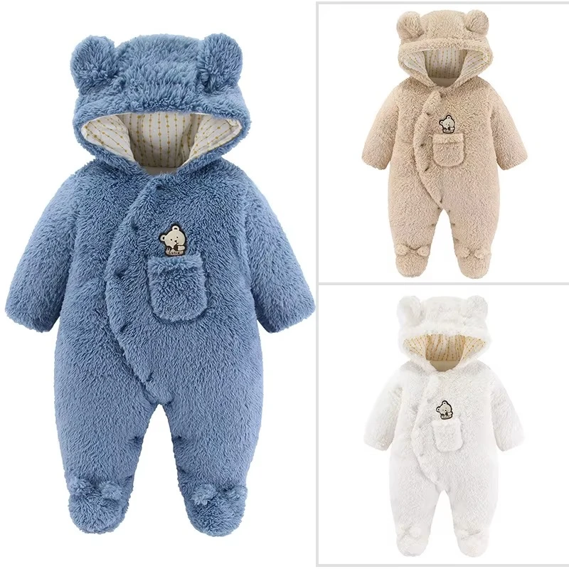 2025New Cute Plush Bear Baby Boy Romper Infant Girl Overall Jumpsuit Spring Autumn Hooded Baby Rompers Newborn Clothes 0-2Years